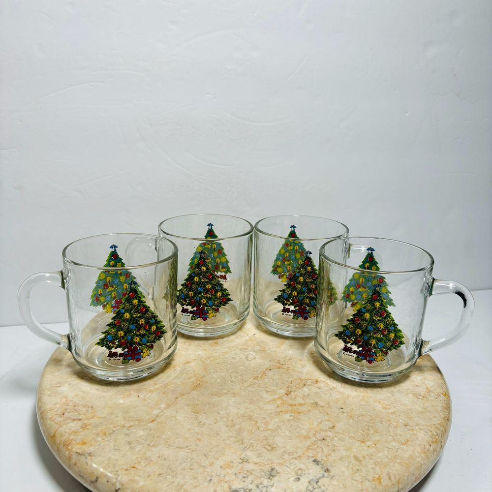 NOS 4 Luminarc Carlton Glass‎ 10 oz Crystal CHRISTMAS Tree Mugs Cups Ornaments